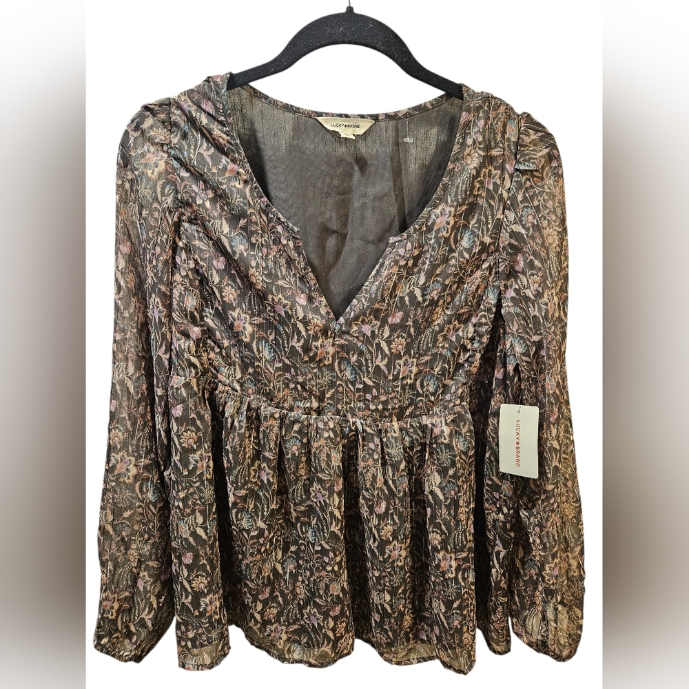 Lucky Brand sheer metallic floral blouse NWT